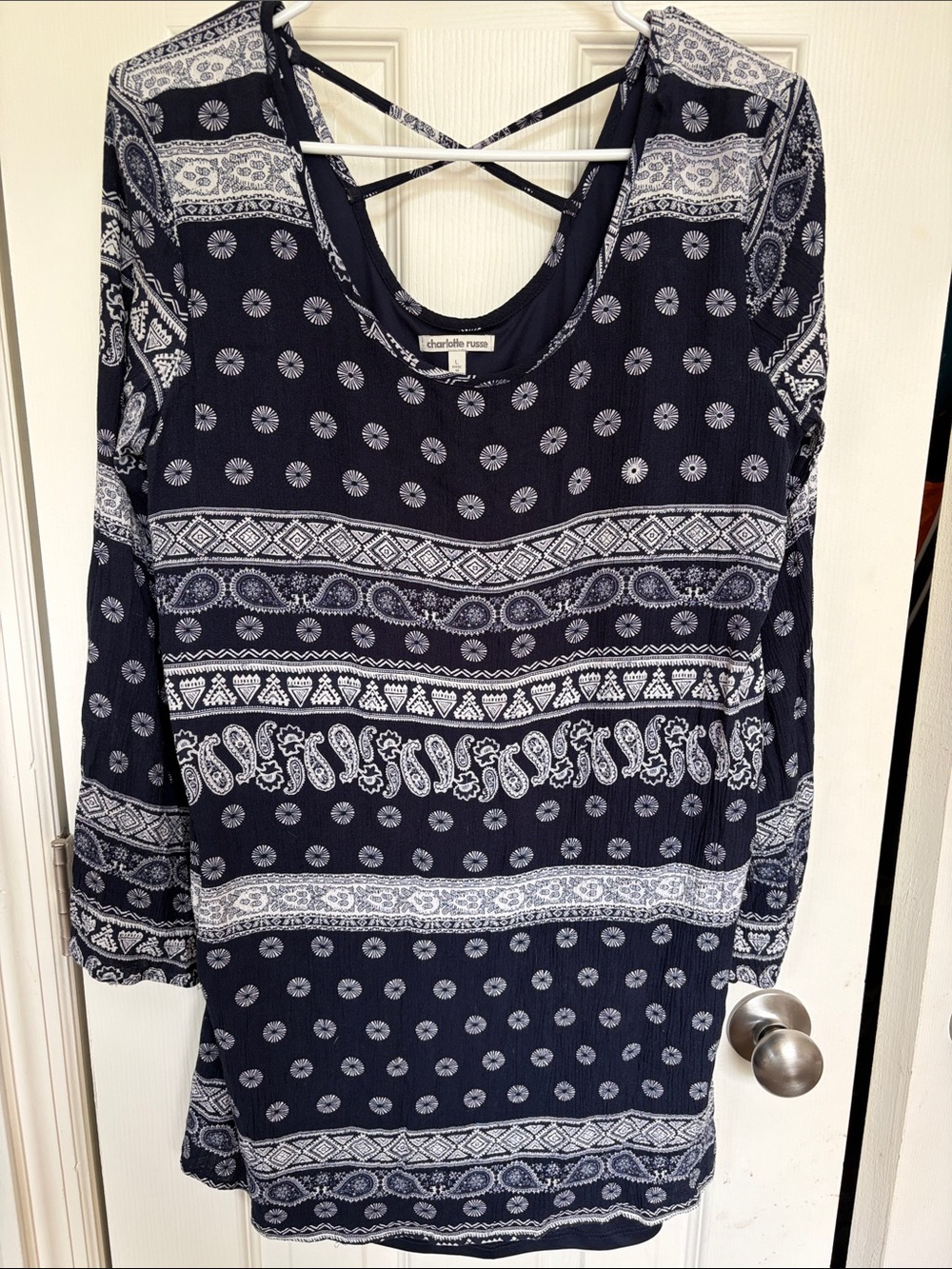 Charlotte Russe Navy and White Boho Print Long Sleeve Blouse
